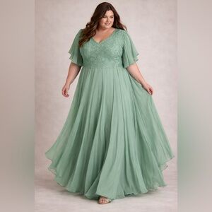 Whimsical Floral Embroidered Chiffon Maxi Gown Sz 26 3X